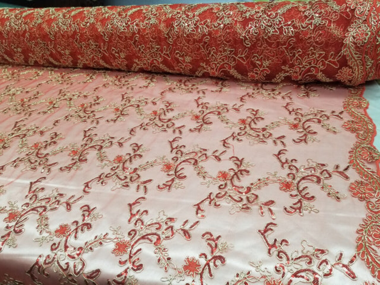 1 Yard Red Metallic Flowers Sequins Mesh Lace Fabric for Tablecloths and Costumes